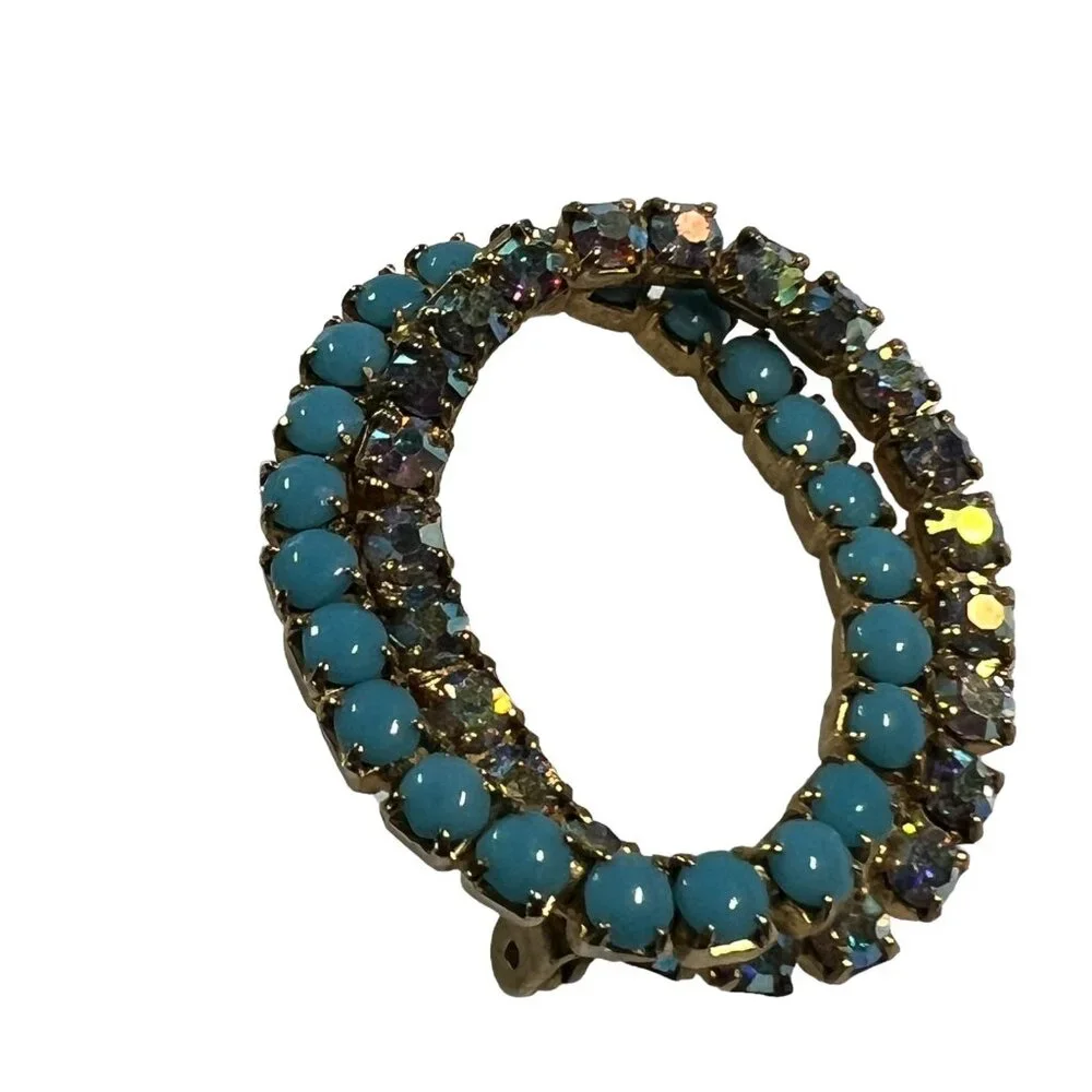 Vintage Brooch Gold‎ Tone Intertwined Circles Faux Turquoise Aurora Borealis Pin